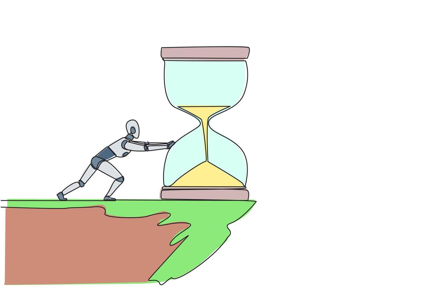 Single one line drawing robot pushes down a giant hourglass from the edge of cliff. Eliminate obstacles in the form of deadlines. Future technology concept. Continuous line design graphic illustration vector