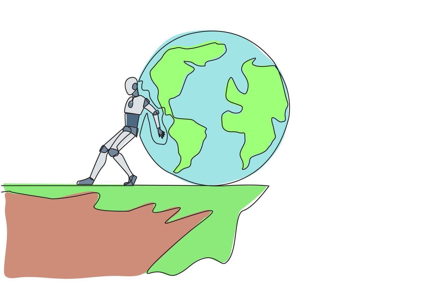 Single continuous line drawing robot pushes a large globe down on its back from the edge of cliff. Robots conquer the world. Future technology development. AI tech. One line design vector illustration