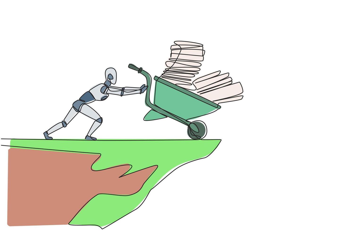 Single continuous line drawing robot pushes a wheelbarrow filled with piles of paper and binders down from the edge of the cliff. Robotic artificial intelligence. One line design vector illustration