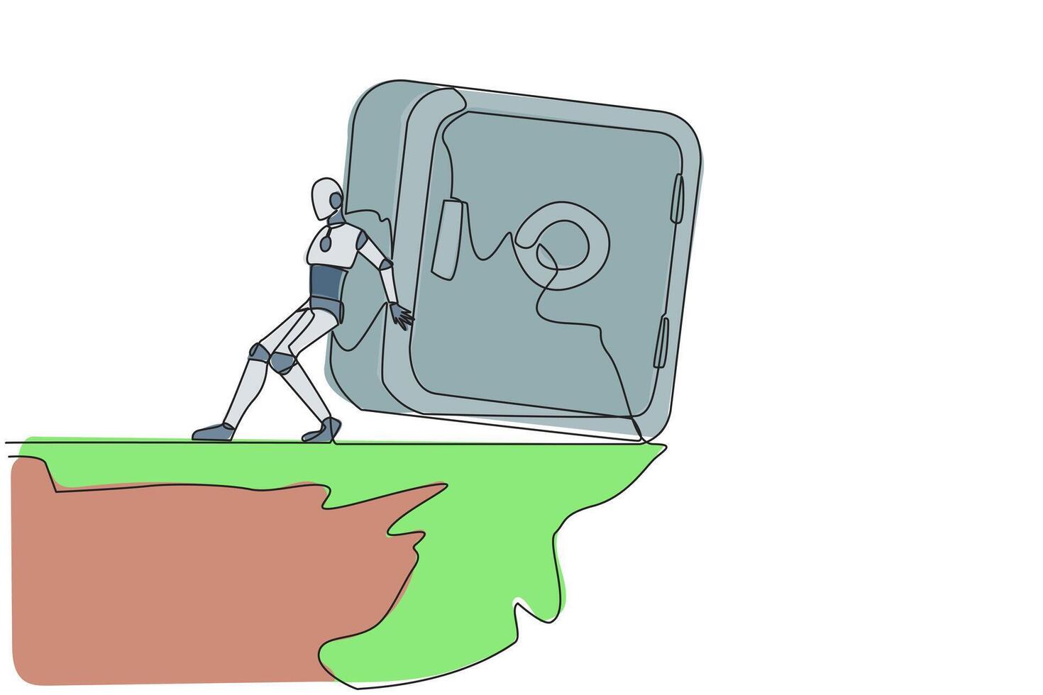 Single one line drawing The robot pushes a large safe deposit box down on its back from the edge of a cliff. Test feasibility of the depository of money. Continuous line design graphic illustration vector
