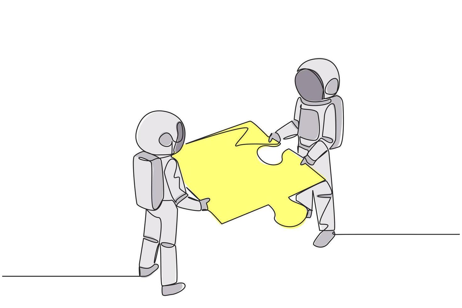 Single one line drawing two astronauts lift huge puzzle piece together. Teamwork moves the puzzle pieces to form a unified whole. Cosmic galaxy deep space. Continuous line design graphic illustration vector