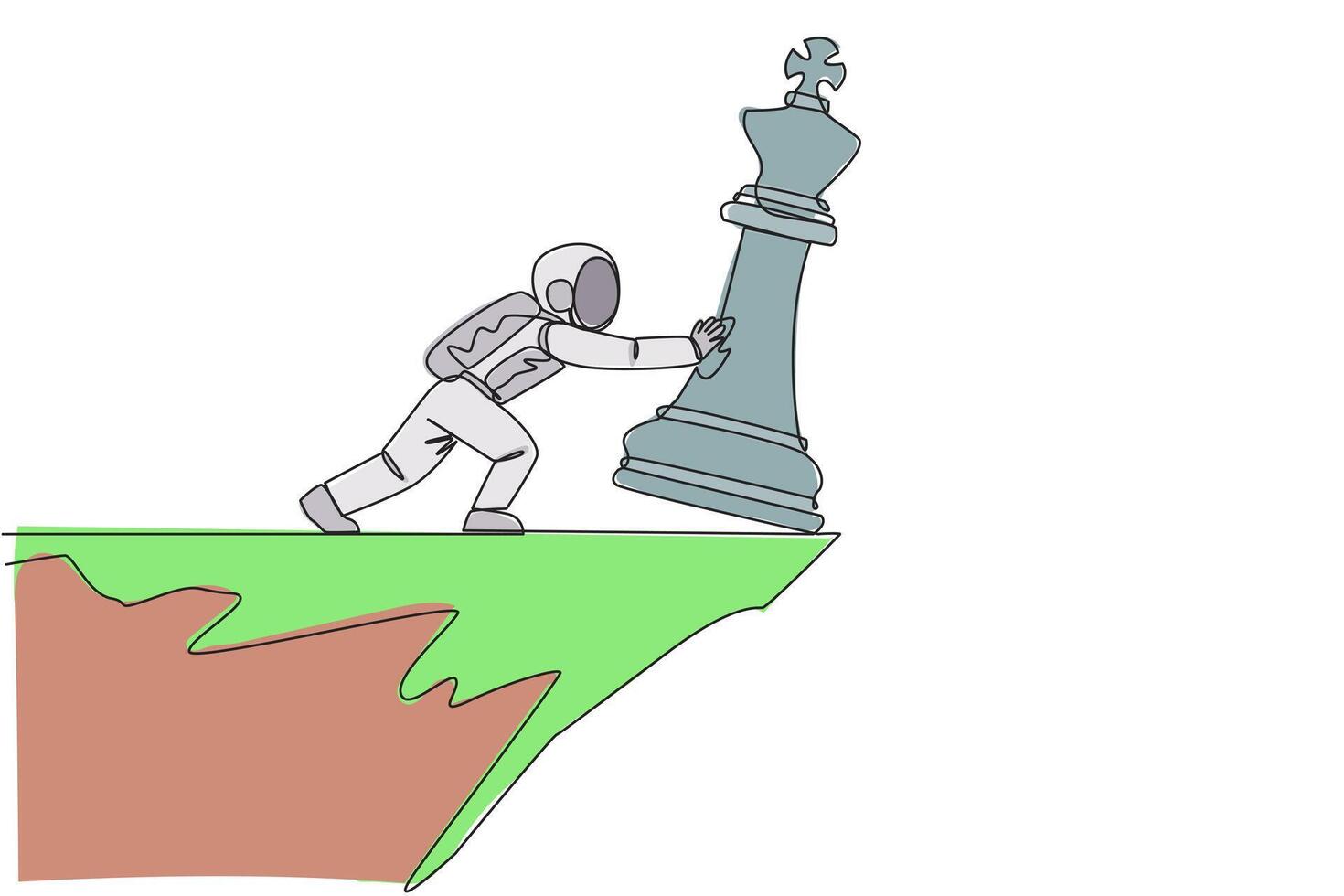Single one line drawing astronaut pushes giant chess piece of king over the edge of a cliff. Lost leader during an expedition on the lunar surface. Cosmic. Continuous line design graphic illustration vector