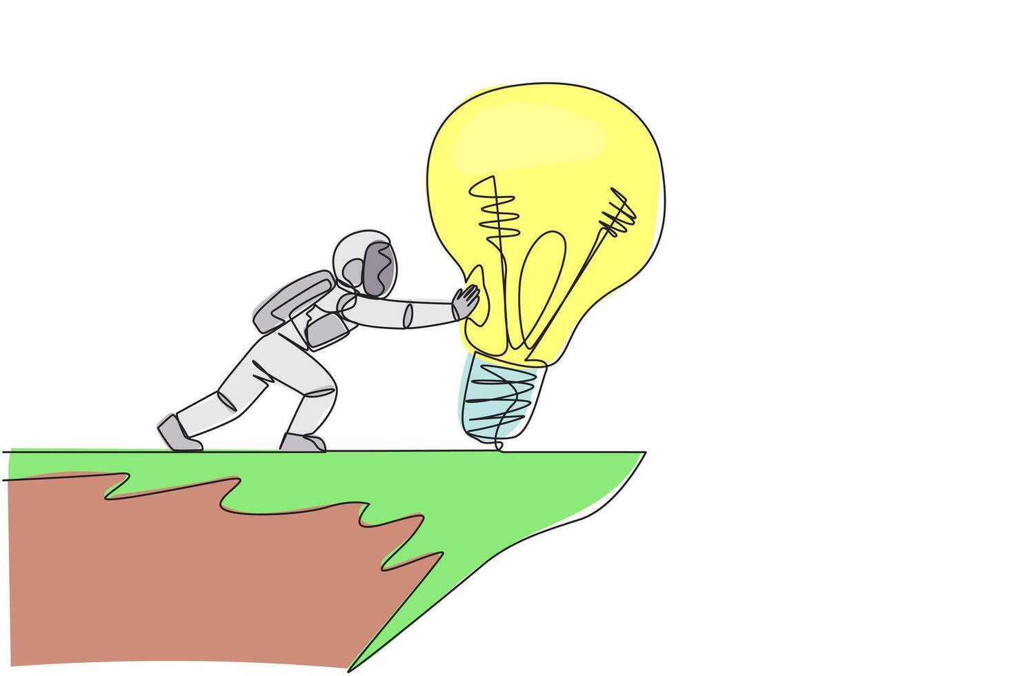 Single continuous line drawing astronaut pushes a large lightbulb over the edge of a cliff. Dropping brilliant ideas fell into a steep abyss. Spontaneity. Spaceman. One line design vector illustration