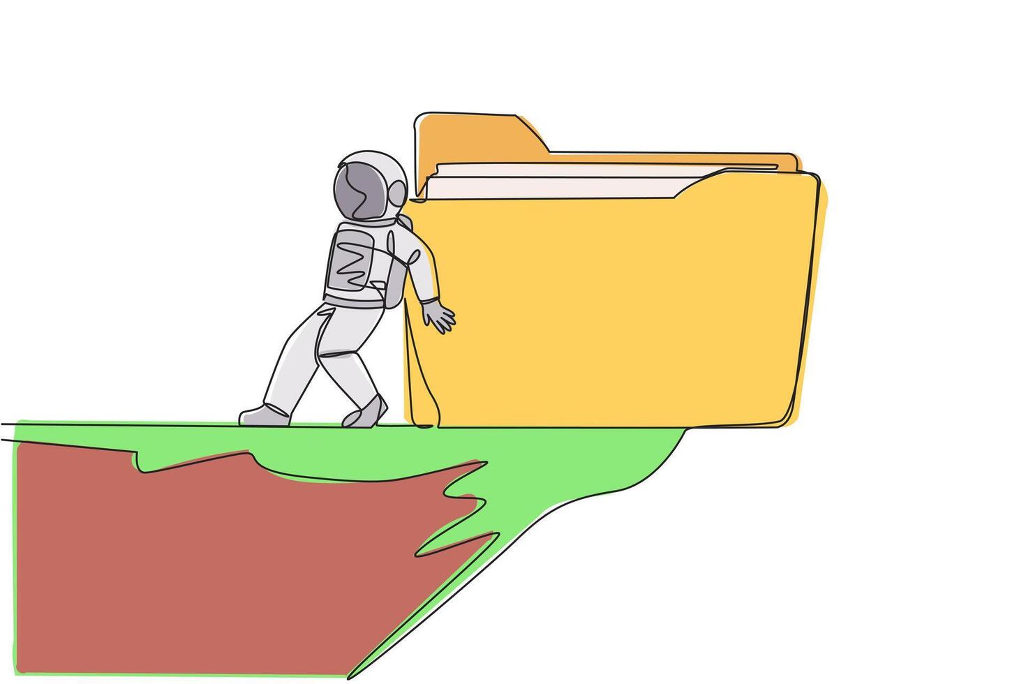 soltero continuo línea dibujo astronauta empujar gigante carpeta icono abajo con espalda desde el borde de acantilado. destruir el material en el archivo. cosmonauta exterior espacio. uno línea diseño vector ilustración