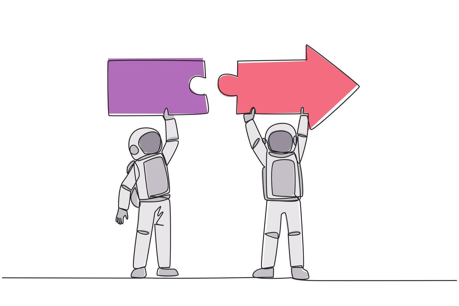 Continuous one line drawing two astronauts doing teamwork to carrying directional arrow puzzle. Metaphor equate ideas. Deep space astronaut concept. Cosmic. Single line draw design vector illustration
