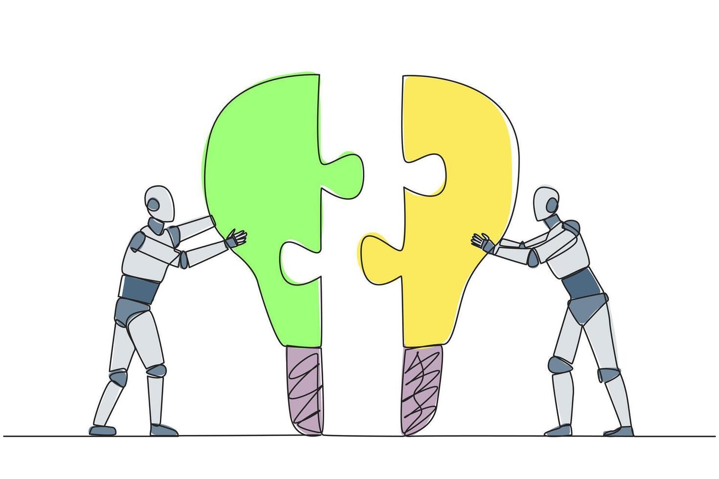 Single one line drawing two robot pushing two lightbulb-shaped puzzle pieces. Metaphor brings together two ideas. Teamwork of two future robots. AI tech. Continuous line design graphic illustration vector