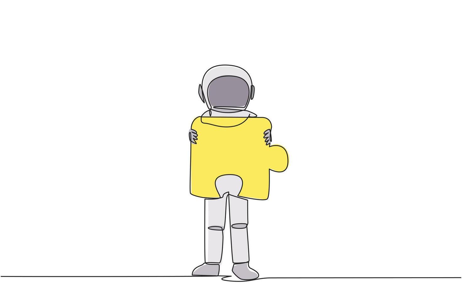 Single one line drawing young energetic astronaut brought puzzle piece and placed it in front of his chest. Deep space farming astronaut concept. Spaceman. Continuous line design graphic illustration vector