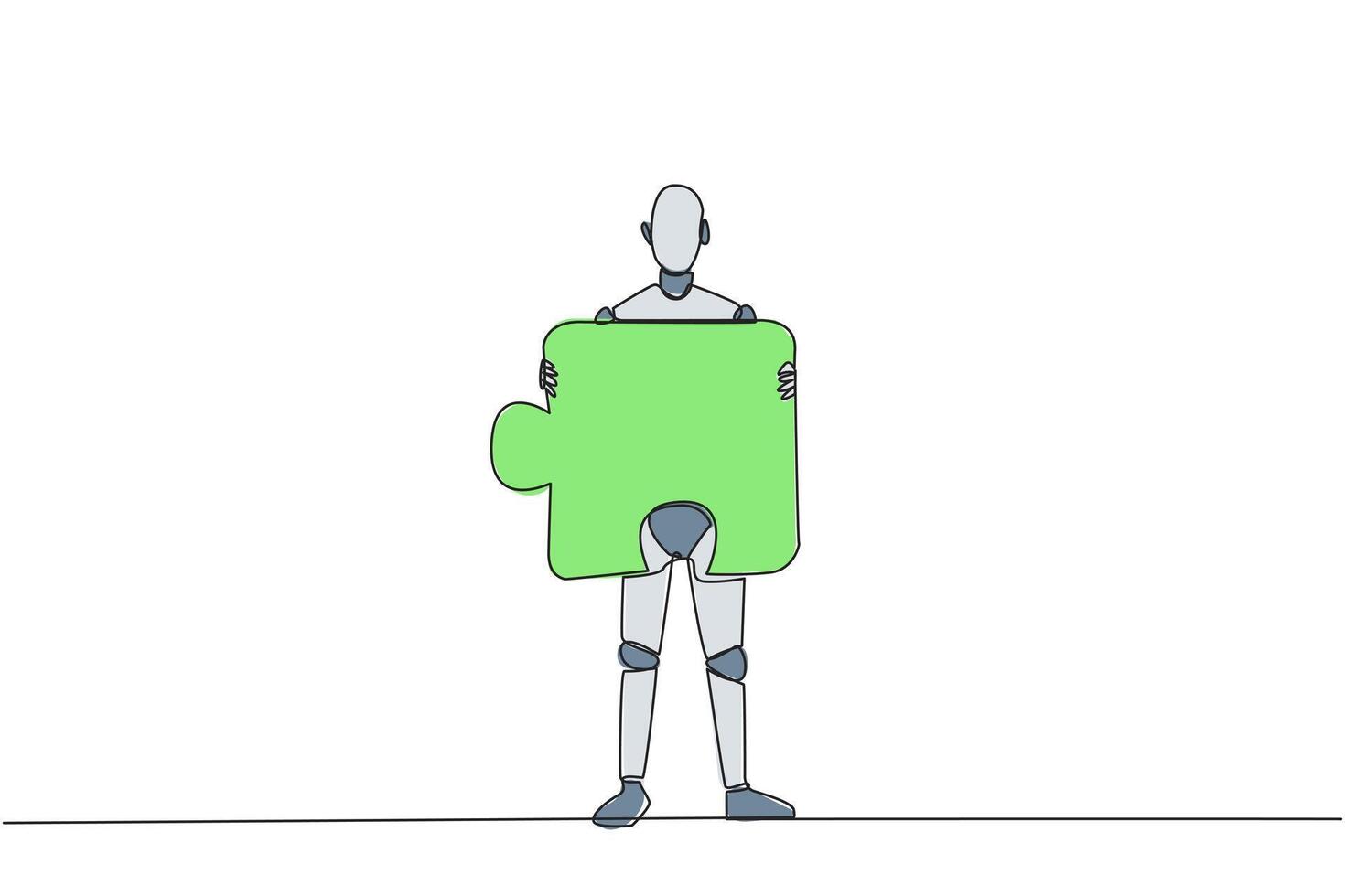 Single continuous line drawing robotic artificial intelligence brought puzzle piece and placed it in front of chest. Teamwork brings one piece each. Future tech. One line design vector illustration