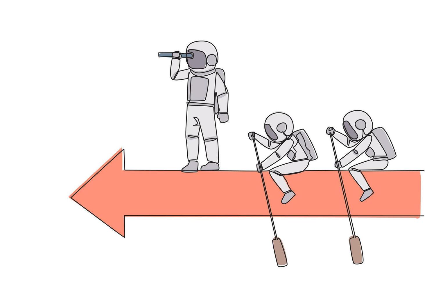 Single continuous line drawing 3 astronauts ride arrows. Teamwork with two of them rowing, the rest standing up using binoculars. Cosmic galaxy outer space concept. One line design vector illustration
