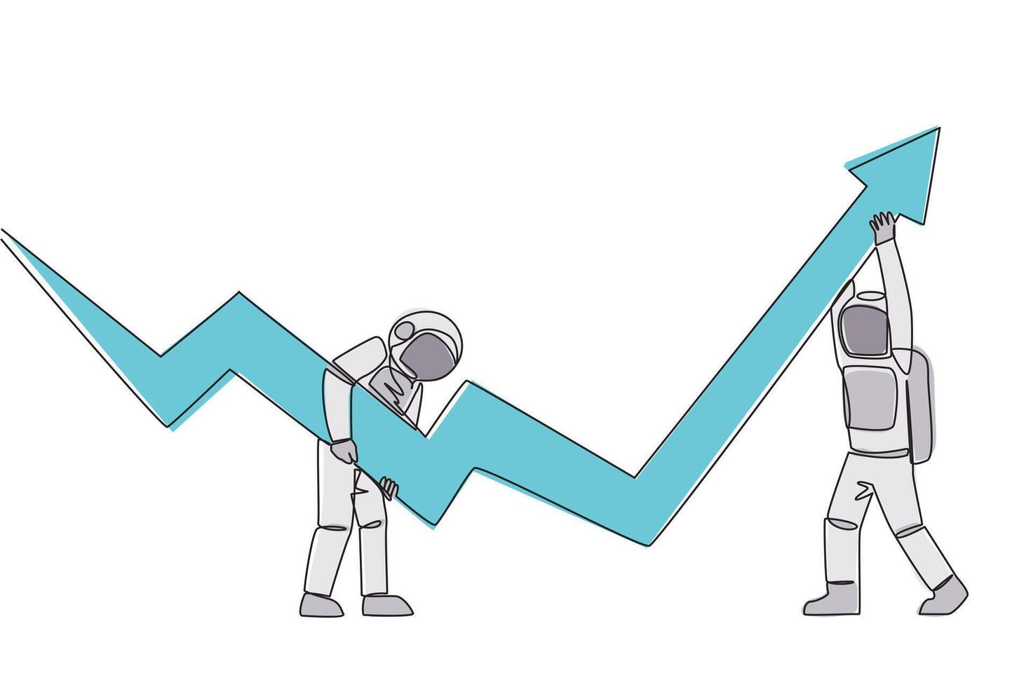 Single one line drawing two astronauts holding a large arrow chart. With their teamwork they hope that the graph will always be in rising condition. Cosmic. Continuous line design graphic illustration vector