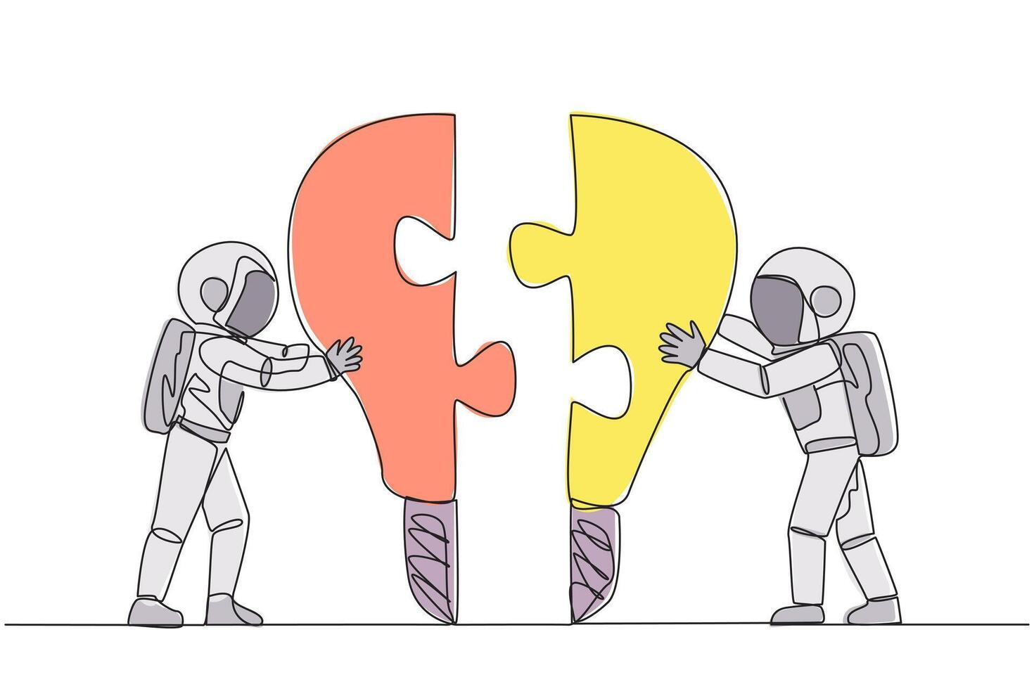 Single continuous line drawing two astronauts pushing two lightbulb-shaped puzzle pieces. Metaphor brings together two ideas. Teamwork of two astronauts. Cosmonaut. One line design vector illustration