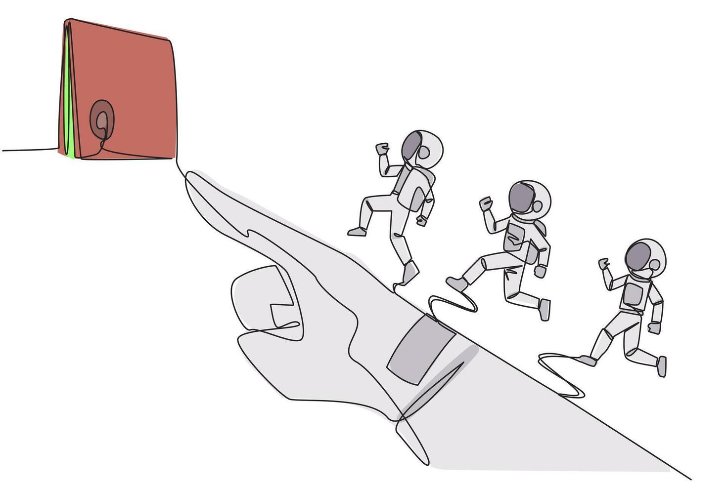 Continuous one line drawing 3 astronauts running on giant astronaut hand whose finger is pointing at round target board. Focused teamwork towards up arrow. Single line draw design vector illustration
