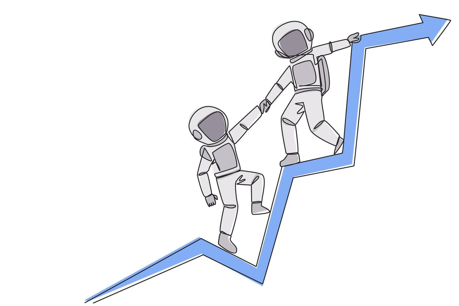 Single continuous line drawing astronaut pulls arm of another astronaut that fell from graphic arrow. Team work to strengthen each other. Cosmic galaxy deep space. One line design vector illustration