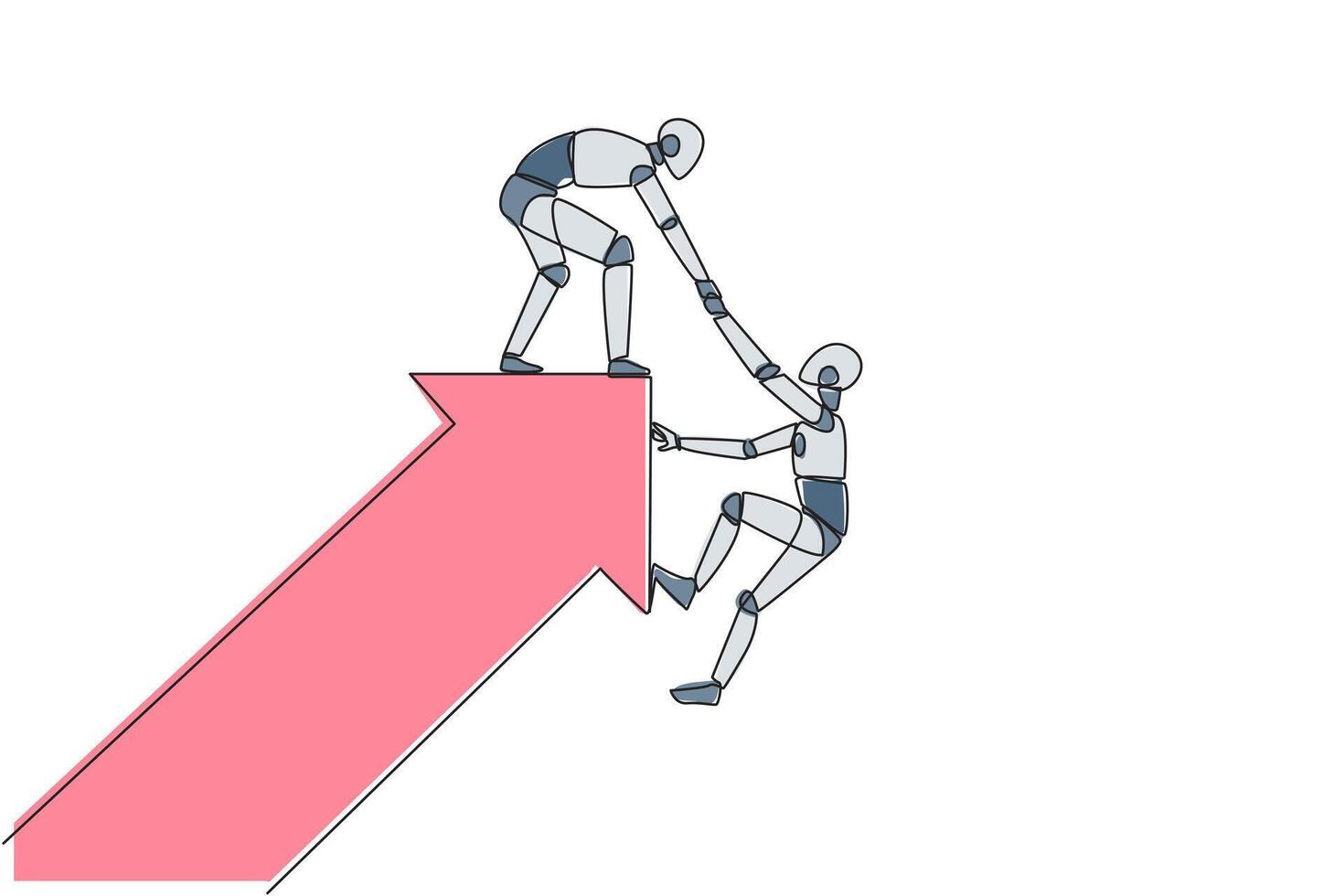 Single continuous line drawing a robot pulled the arm of another robot that almost fell from the big arrow. Team work to help colleagues. Growing together. Tech AI. One line design vector illustration