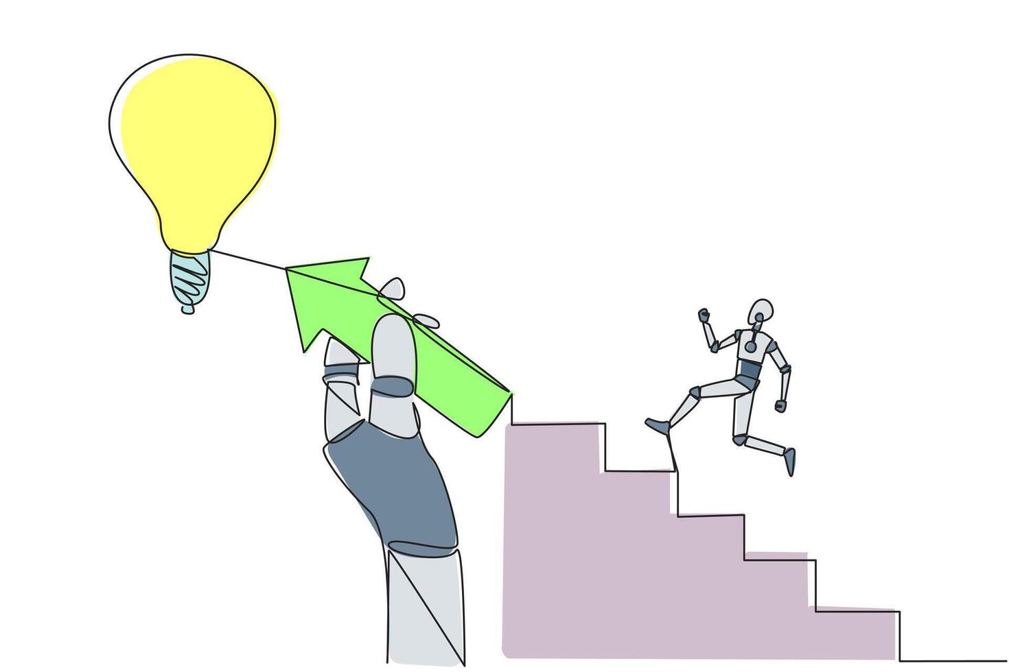 Single continuous line drawing robot climbs ladder, one of the steps in the shape of an arrow held in a large hand. Great teamwork reaching for lightbulb. AI tech. One line design vector illustration