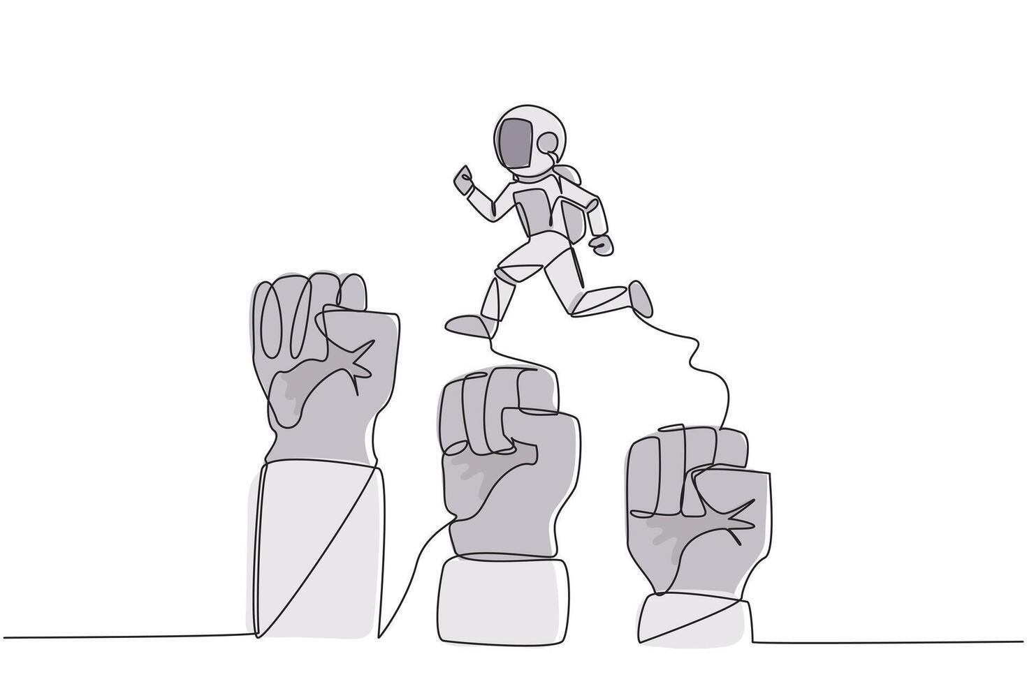 Single one line drawing astronaut running leaping over three large clenched fists. Teamwork managed to get through the bigger challenges. Cosmonaut. Cosmic. Continuous line design graphic illustration vector