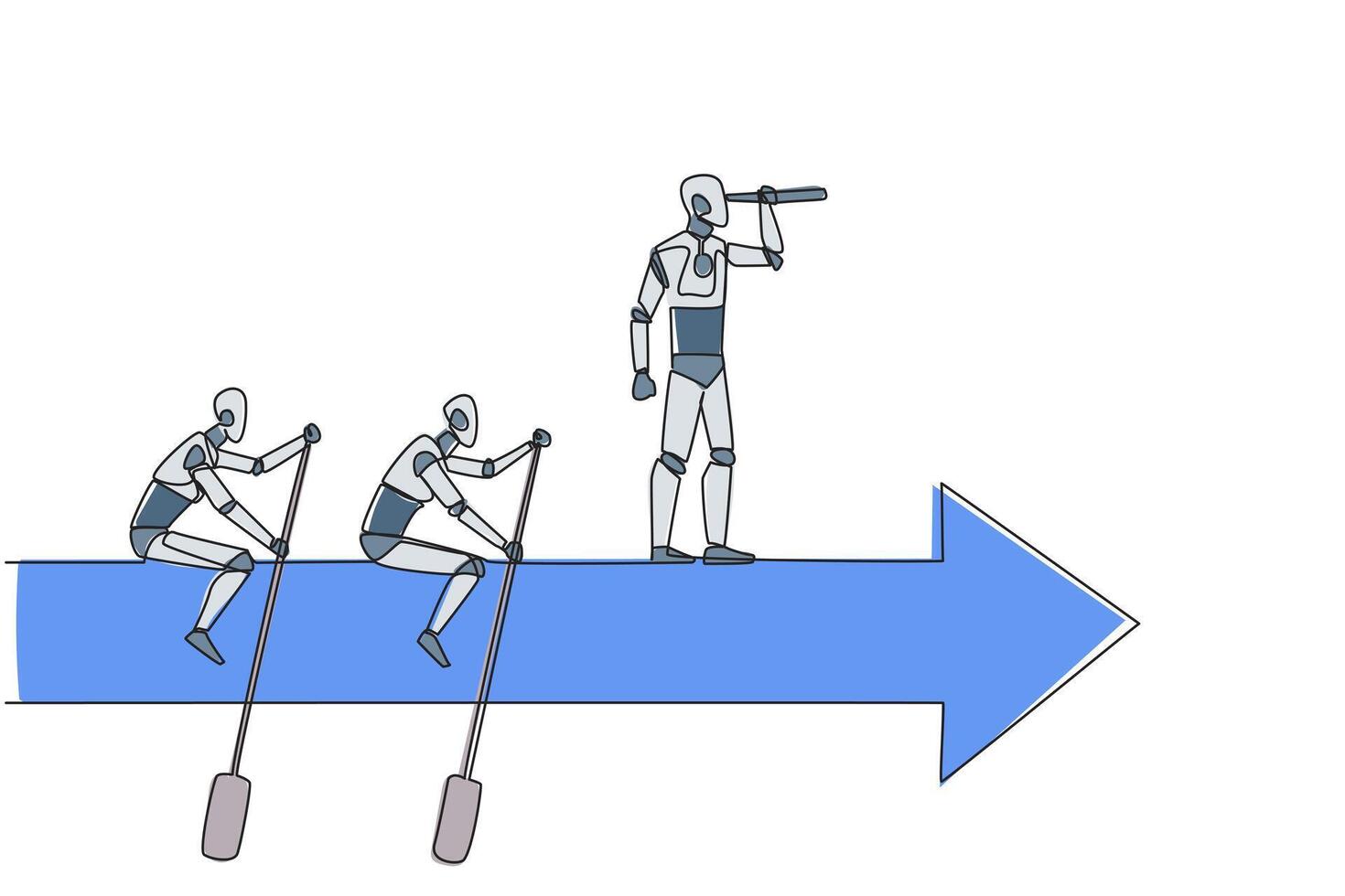 Continuous one line drawing three robots ride arrows. Teamwork with two of them rowing, the rest standing up using binoculars. Future tech development. Single line draw design vector illustration