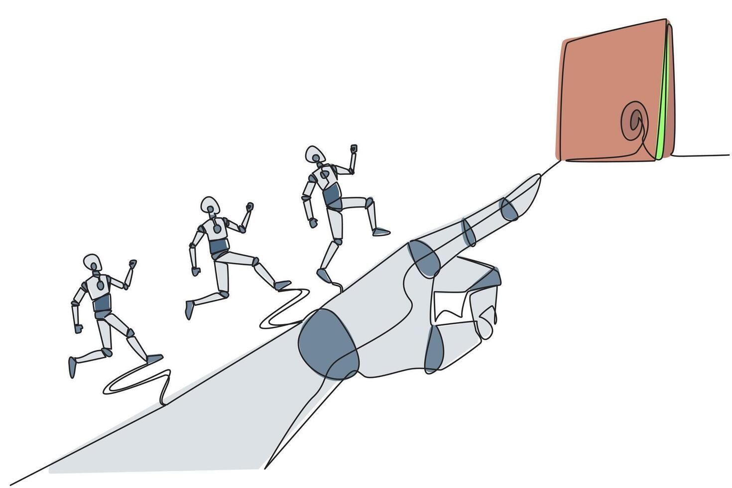 Single one line drawing 3 robots running on giant robot hand whose finger is pointing at round target board. Focused teamwork towards up arrow. Future tech. Continuous line design graphic illustration vector
