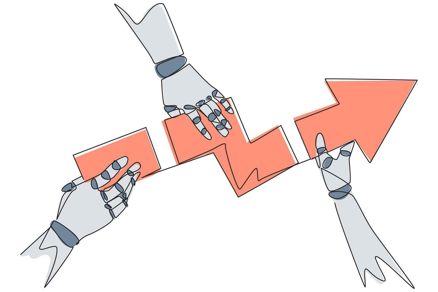 Single one line drawing three robotic hands each holding a directional arrowhead. Do teamwork so that the pieces become whole. Artificial intelligence. Continuous line design graphic illustration vector
