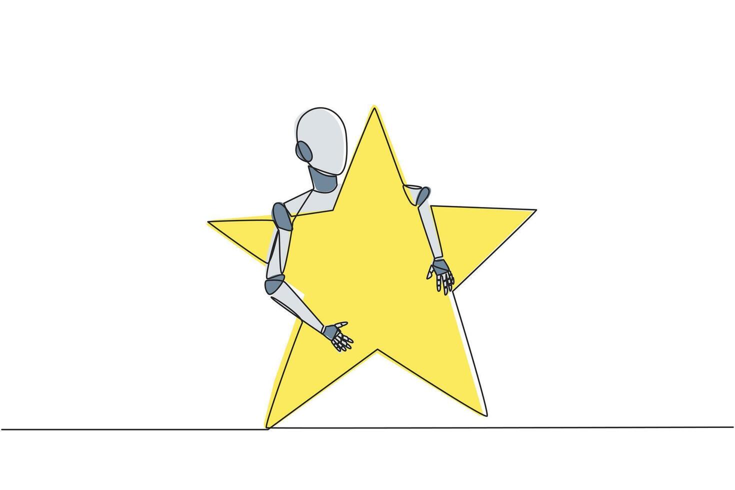 Single continuous line drawing robot hugging star. Like the sheriff, this robot technology also has star as a rank. Future technology development concept. AI tech. One line design vector illustration