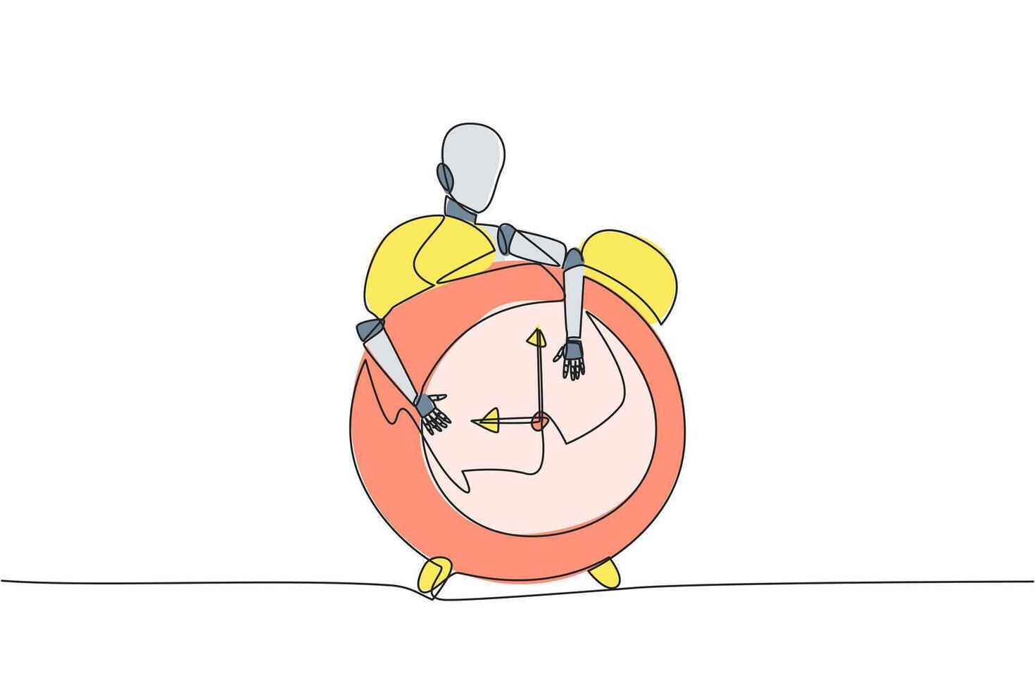 Continuous one line drawing robotic hugging alarm clock. Configuring alarm clock technology to robotic artificial intelligence. Future technology concept. Single line draw design vector illustration