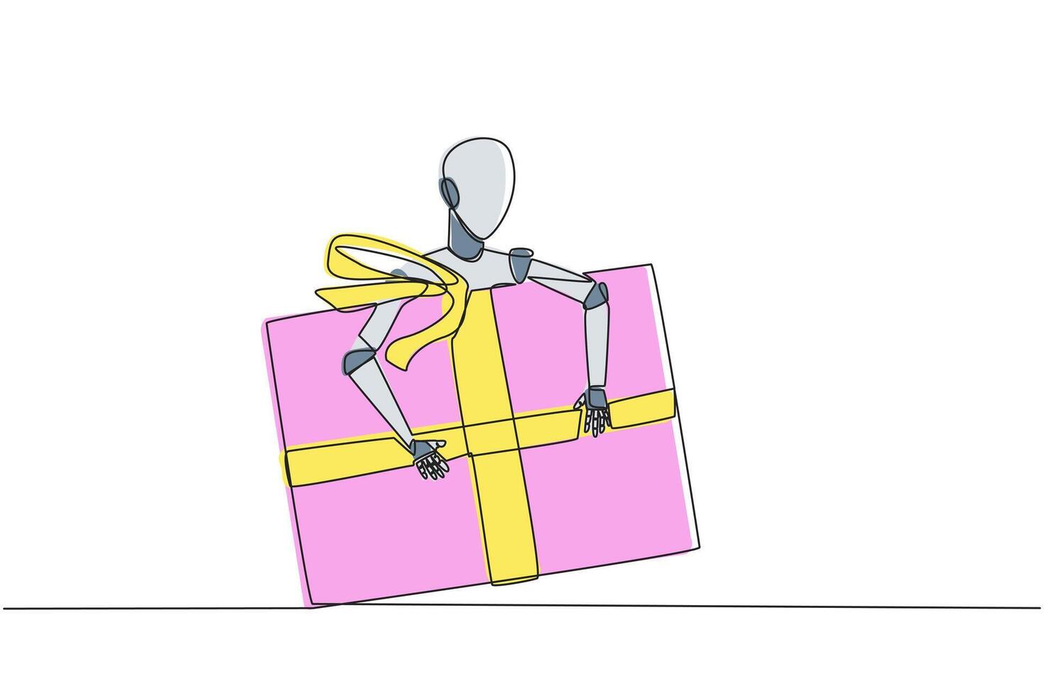 Continuous one line drawing robot hugging gift box. Gift delivery robots to homes. Artificial intelligence. Machine learning process. Future technology. Single line draw design vector illustration