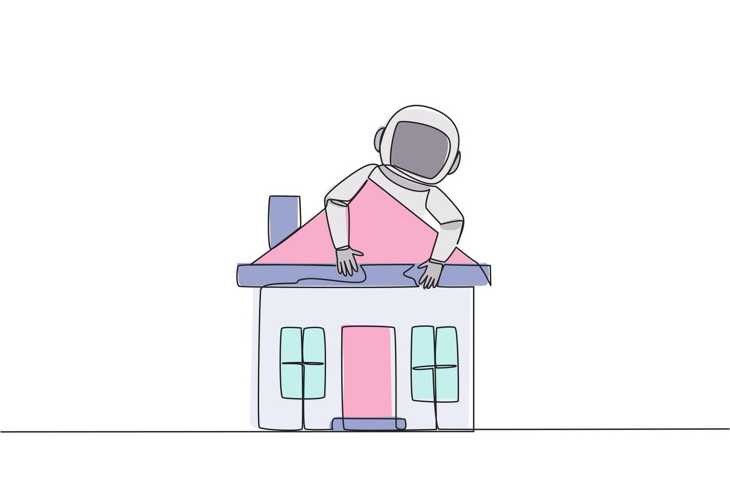 Continuous one line drawing young energetic hugging miniature house. Astronauts want to go home when the mission is over. Miss homeland. Cosmonaut. Cosmic. Single line draw design vector illustration