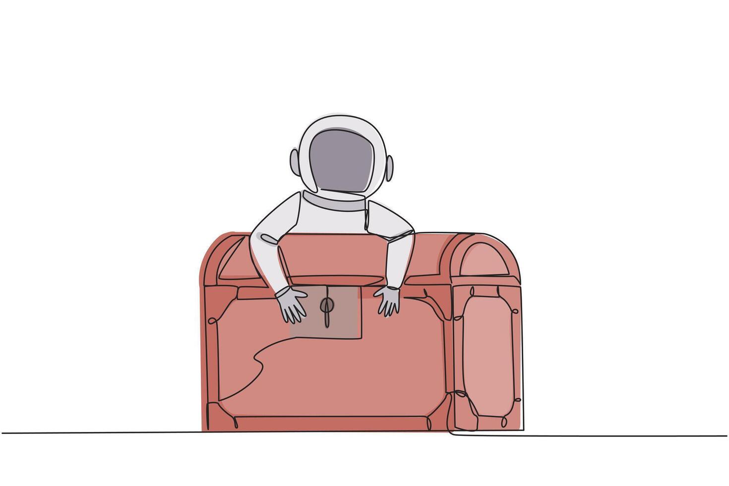 Single continuous line drawing young astronaut hugging treasure chest. Securing the chest, because there could be a lot of gold pieces inside. Richest astronaut. One line design vector illustration