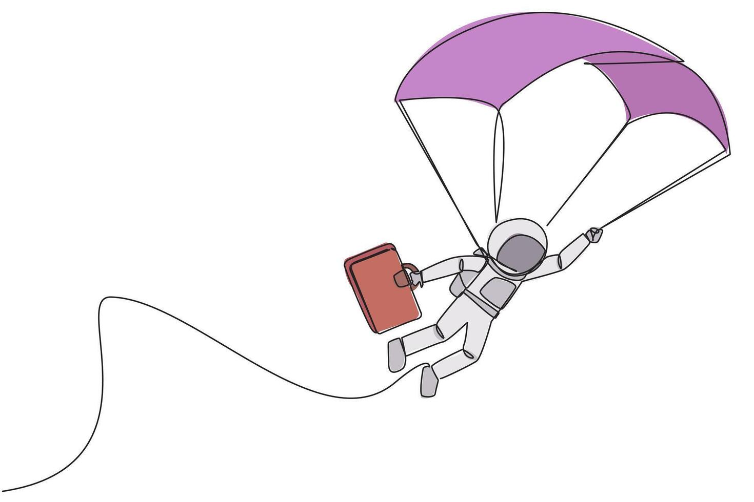 Continuous one line drawing young energetic astronaut flying with parachute holding briefcase. Tidy up parachute and then join the expedition team on earth. Single line draw design vector illustration