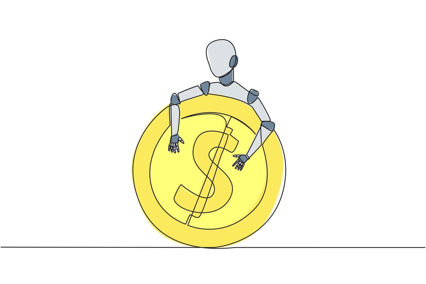 Continuous one line drawing robot hugging coin sign dollar. Insert coin into the back of the robot, then it will fulfill all your wishes. Future technology. Single line draw design vector illustration