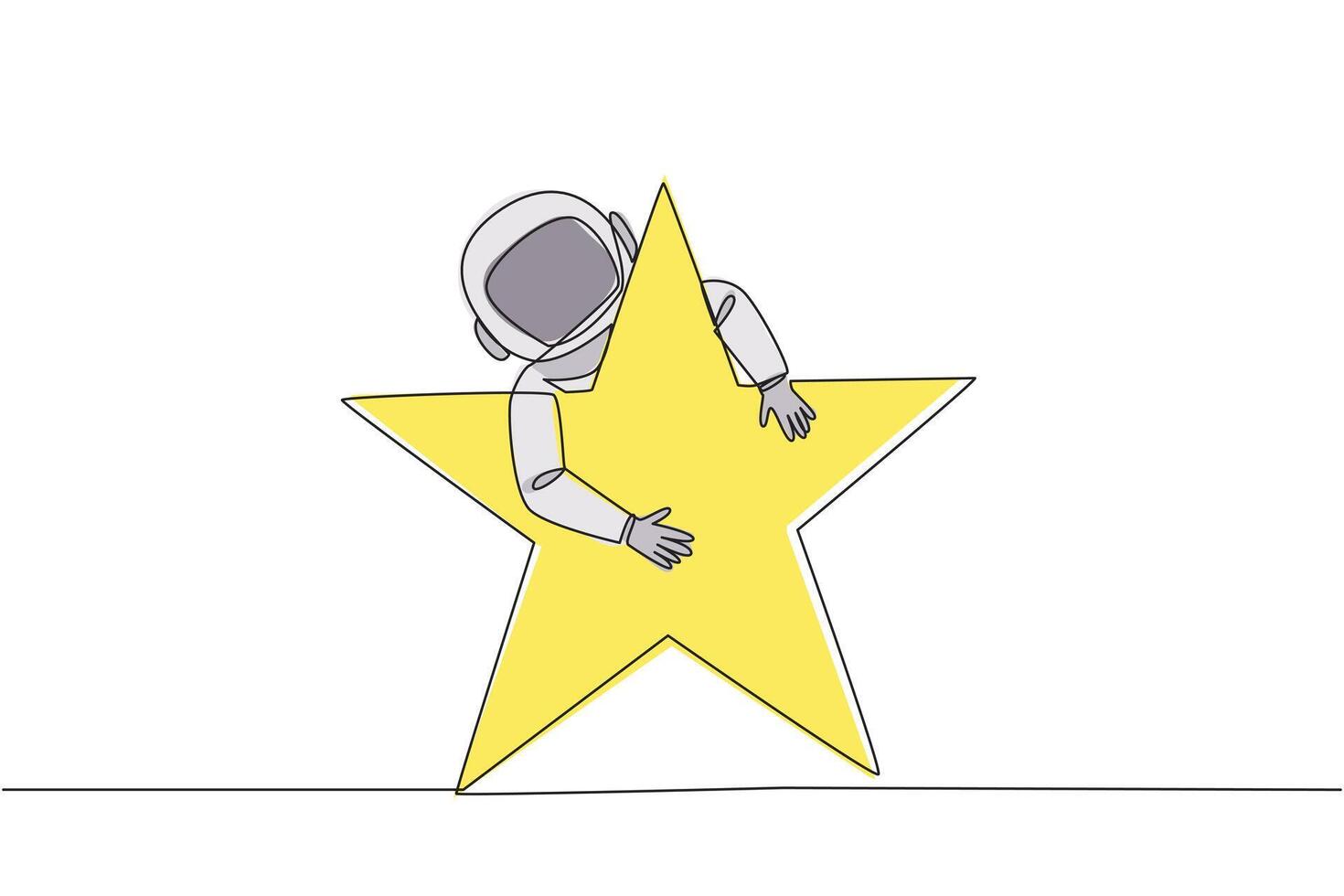 Continuous one line drawing young energetic astronaut hugging huge star. Received a star award after making several expeditions to the surface of the moon. Single line draw design vector illustration