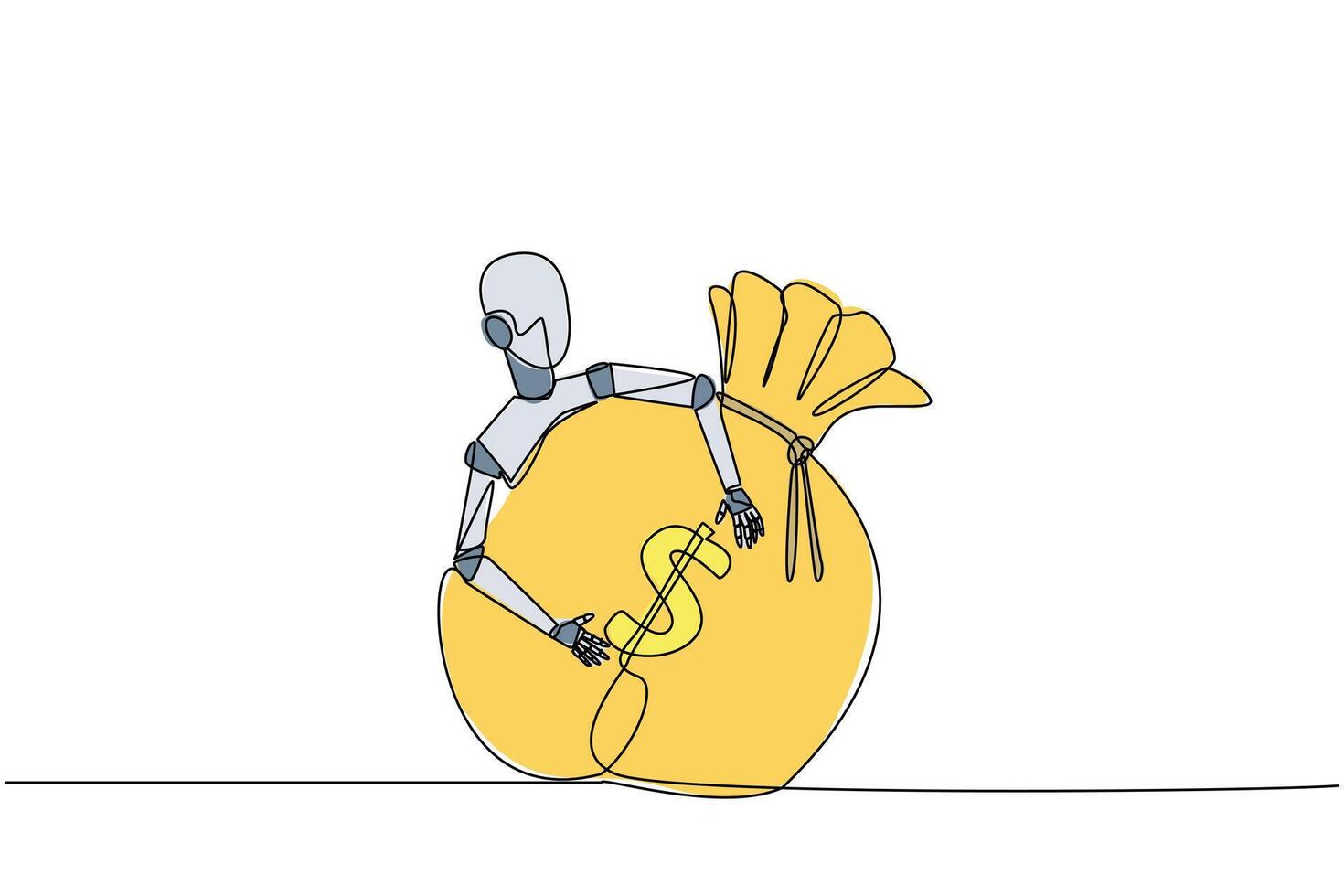 Single one line drawing robot hugging money bag. The smarter the robot, the more money it gets. Future technology artificial intelligence development. Continuous line design graphic illustration vector