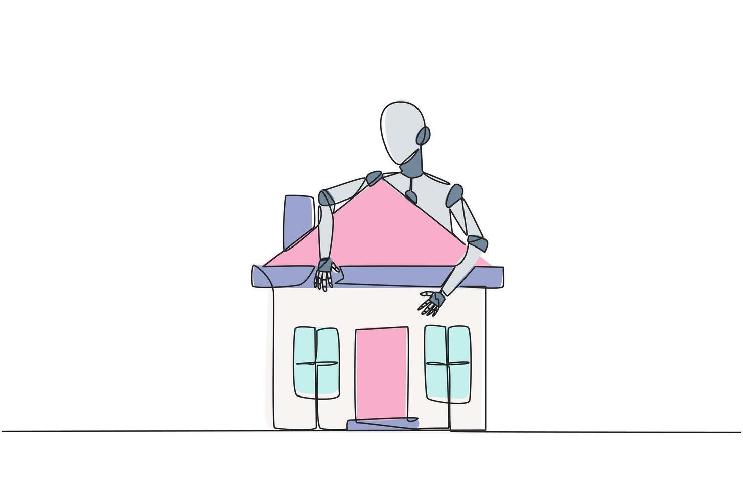 soltero continuo línea dibujo robot abrazando miniatura casa. su artificial inteligencia es poder a con rapidez construir miniatura casas futuro tecnología desarrollo. uno línea diseño vector ilustración