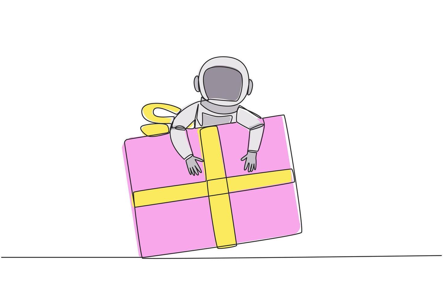 Single continuous line drawing astronaut hugging gift box. Gift box with ribbon has been prepared by the expedition crew. Ready to give to team on earth. Cosmic. One line design vector illustration