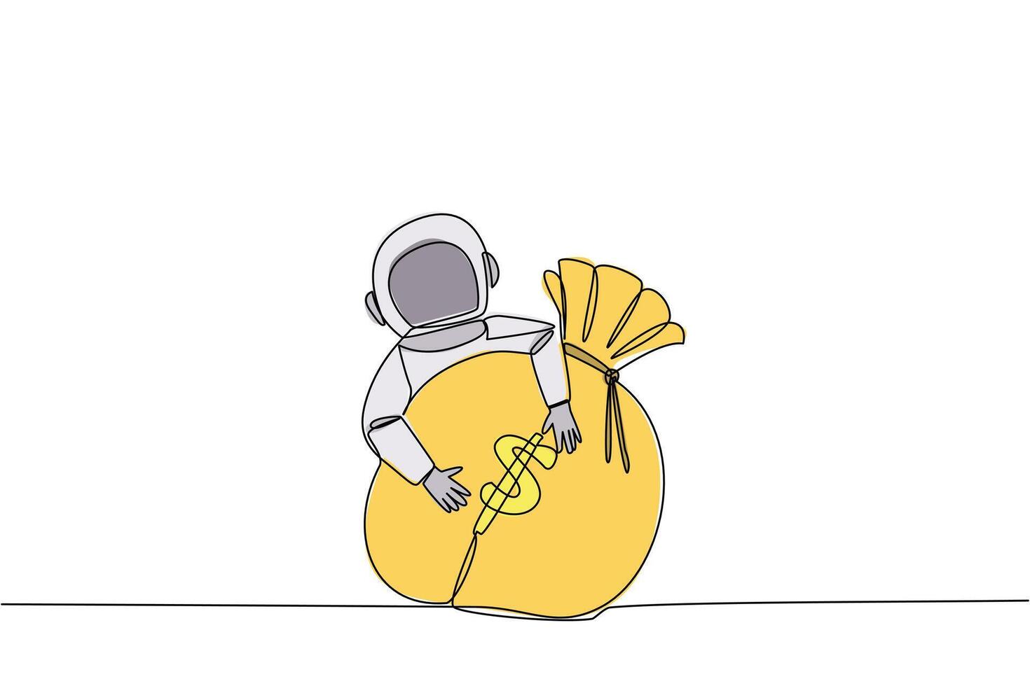 Single continuous line drawing astronaut hugging money bag. The expedition team return to earth. Astronauts received fee that beyond expectations. Rich astronaut. One line design vector illustration