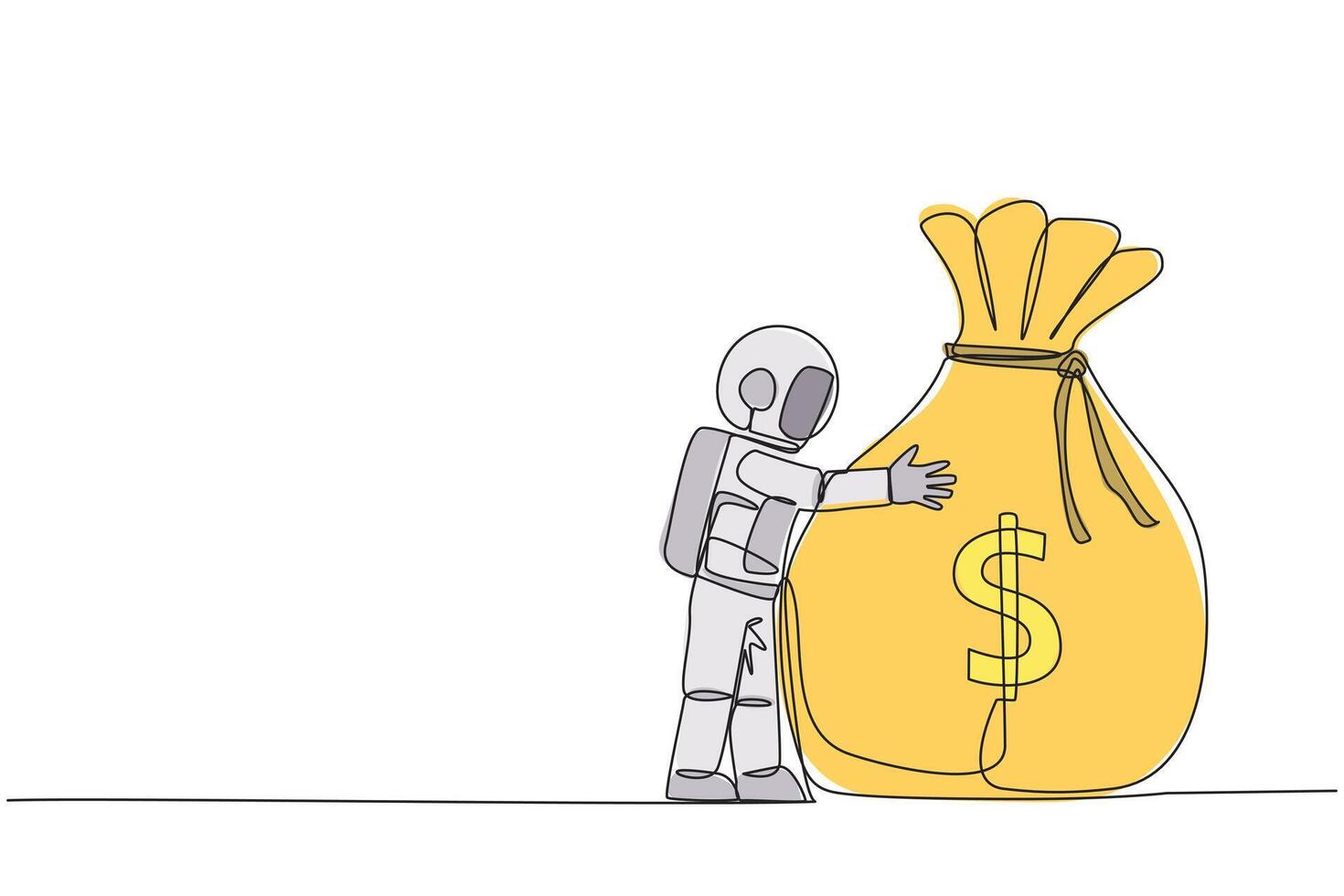 Single continuous line drawing young energetic astronaut hugging big money bag. Got very big profits from expeditionary travel into space. Cosmic galaxy deep space. One line design vector illustration