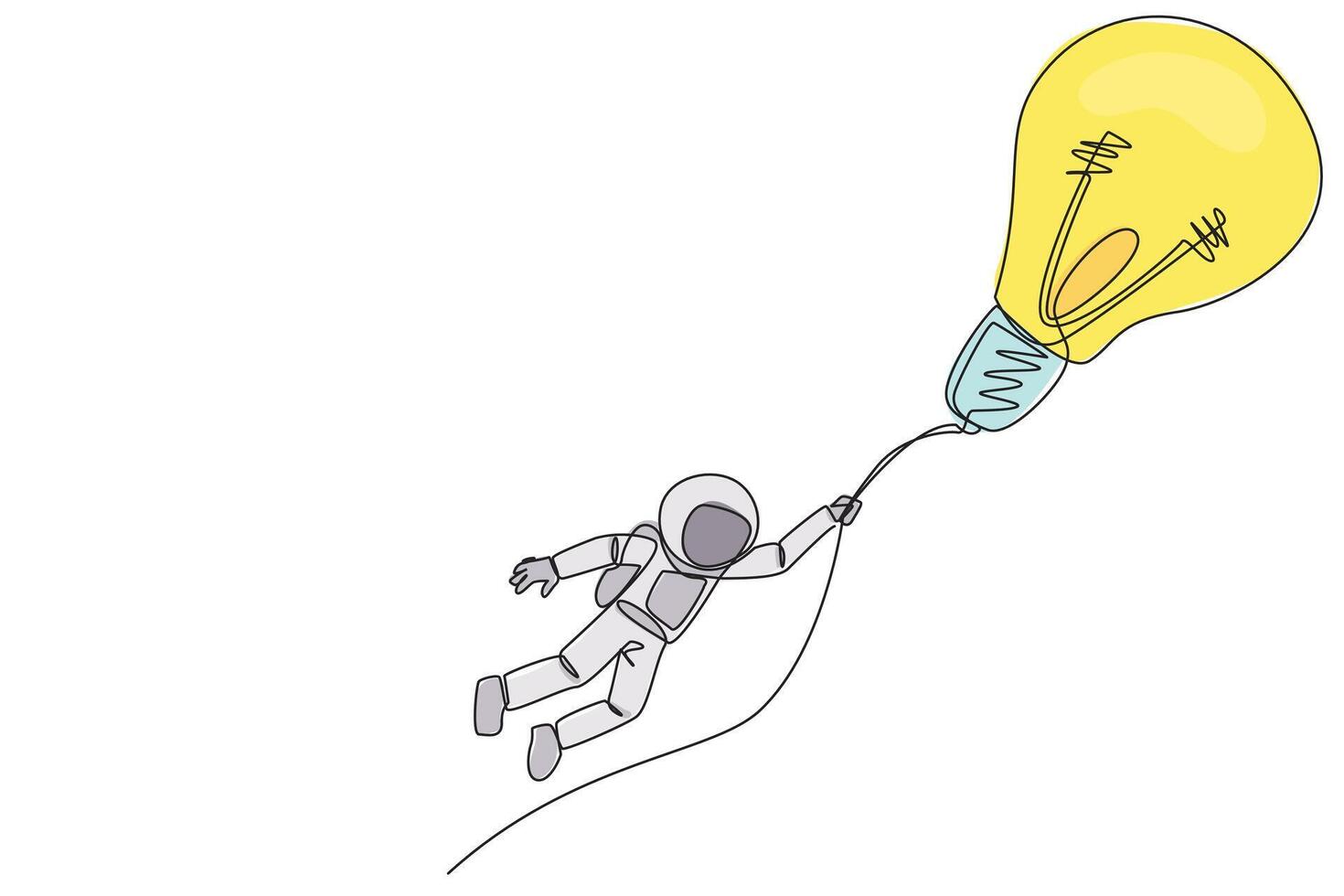 Single continuous line drawing astronaut holding on to a flying lightbulb. Expeditions that depend on the best ideas and innovations. Cosmic galaxy deep space. One line design vector illustration
