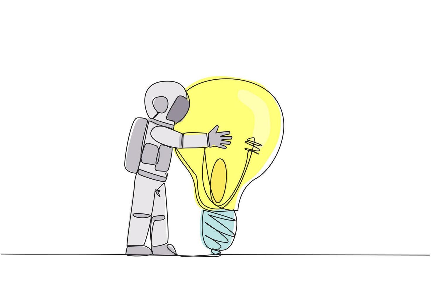 Single one line drawing young energetic astronaut hugging big lightbulb. Metaphors cherish brilliant ideas. Genius astronaut. Cosmic galaxy deep space. Continuous line design graphic illustration vector