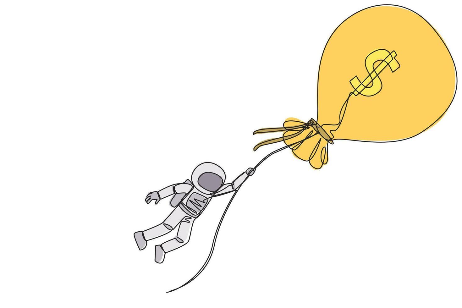Single continuous line drawing astronaut holding on to a flying money bag. The metaphor of lots of money will make many wishes come true. Wealthy astronaut. Cosmic. One line design vector illustration