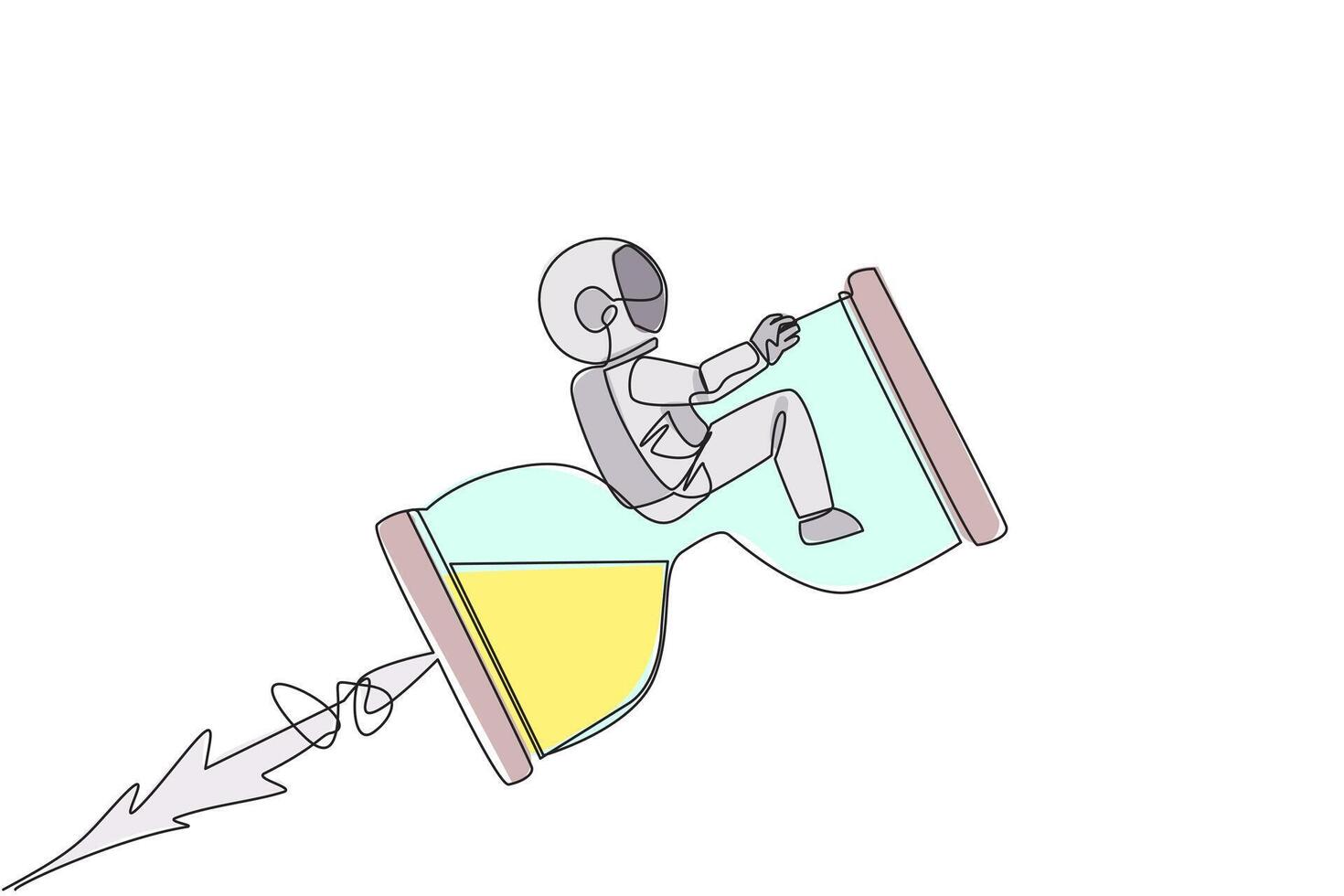 Single continuous line drawing young energetic astronaut rides on the rocket-like hourglass. When the countdown is over, the flight into space begins. Cosmonaut. One line design vector illustration