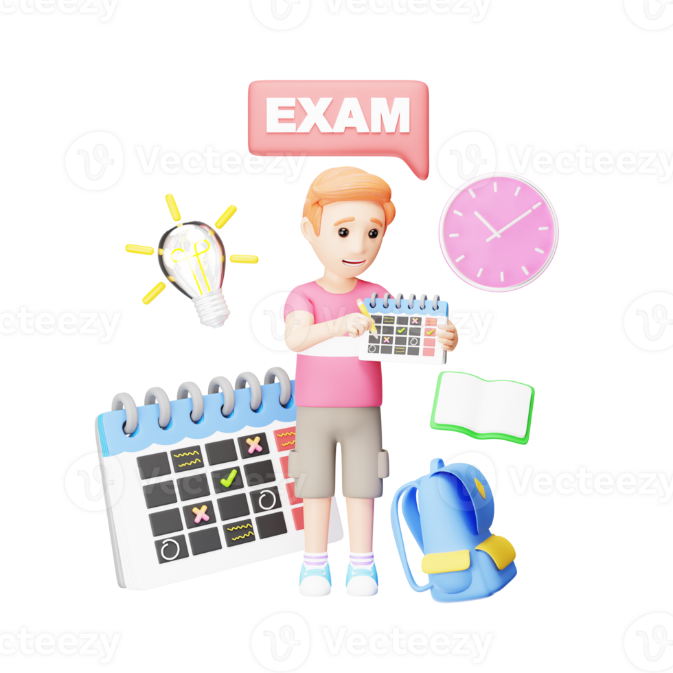 Frustrated Student 3D Cartoon - Preparing Exam Schedule in Education Scene png