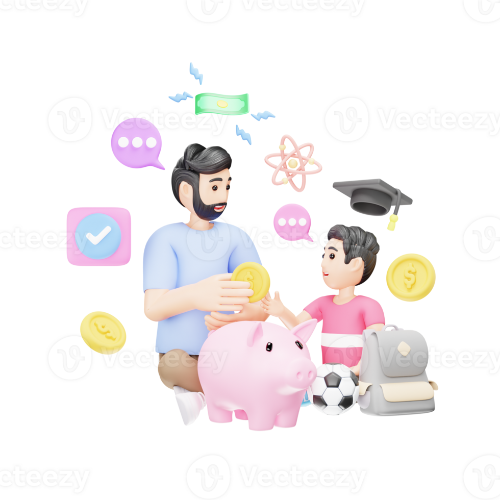 Dedicated Father Saving Money for Kids' Education - 3D Cartoon Illustration png