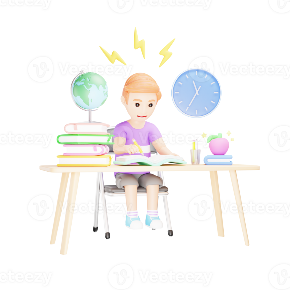 Diligent Student Completing Incomplete Assignments - 3D Cartoon Illustration of Academic Dedication png