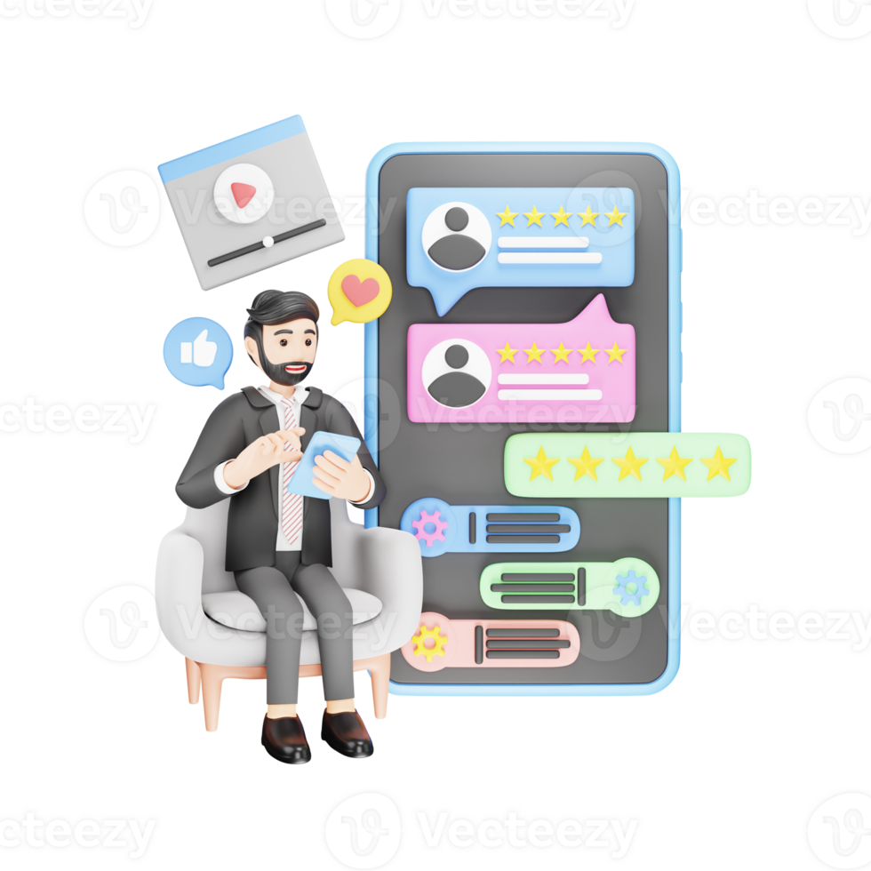 Businessman Reviewing Feedback Content - 3D Cartoon Illustration for Data Analysis png