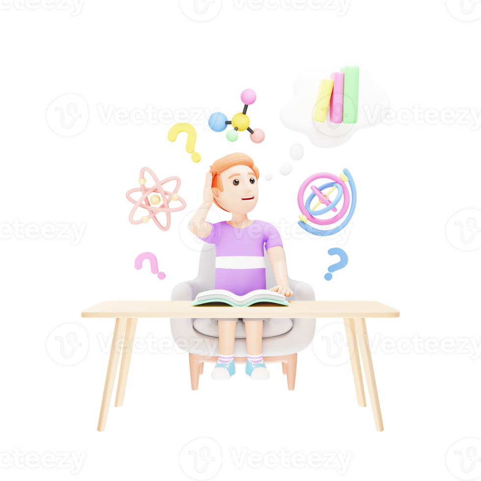 Deep Thinking Concept - 3D Cartoon of Student Lost in Thoughts png