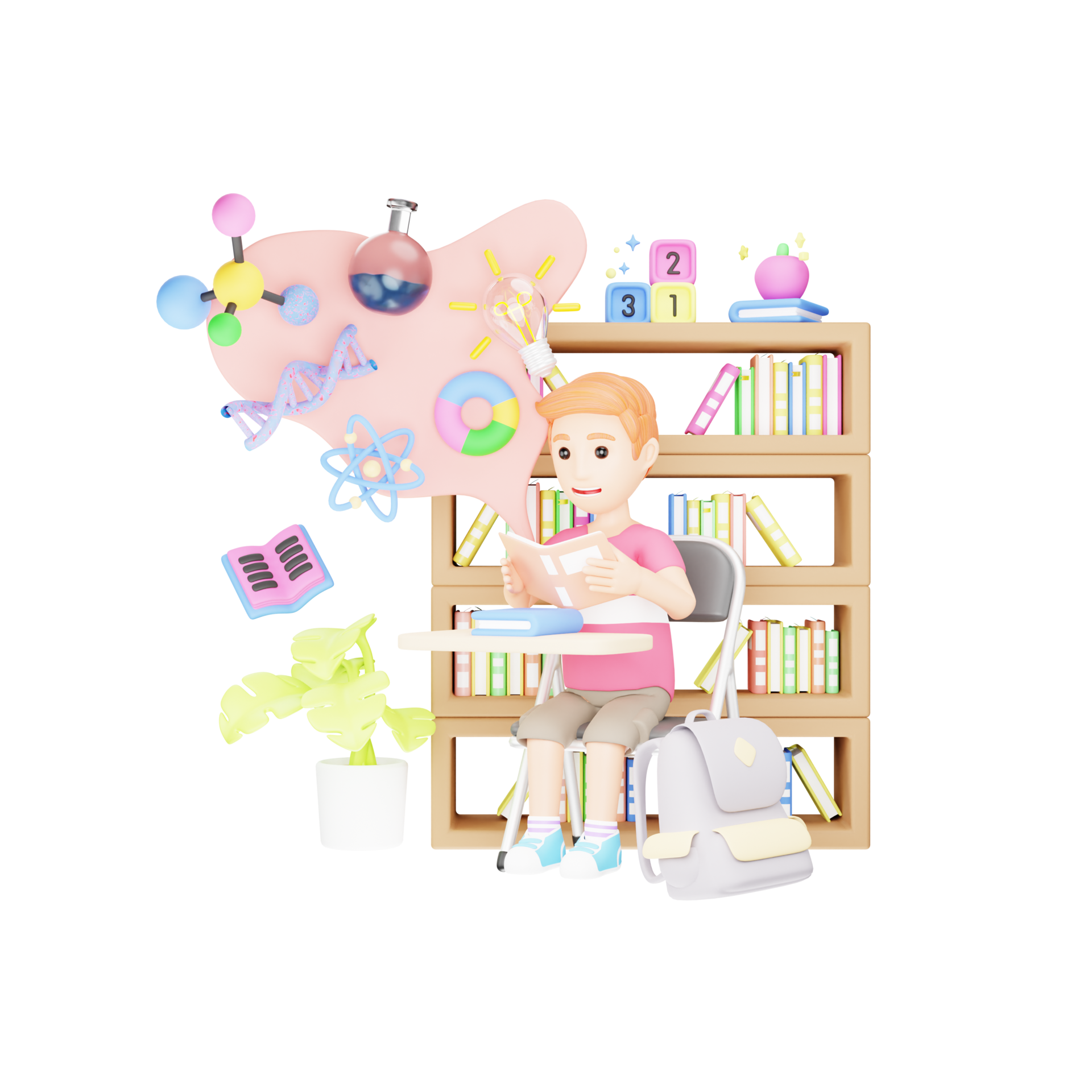 Student learning notes from class book 3d character illustration