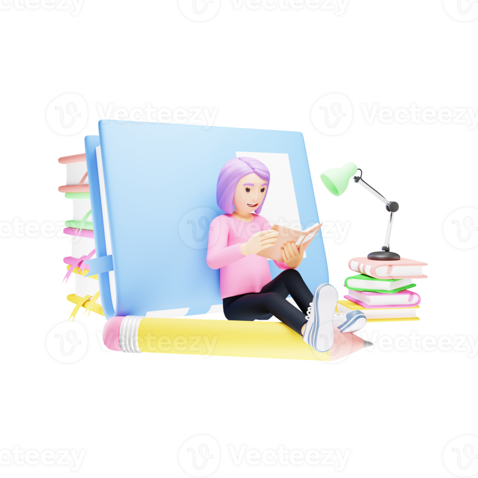 3D Character Illustration - Young Girl Immersed in Book Reading png