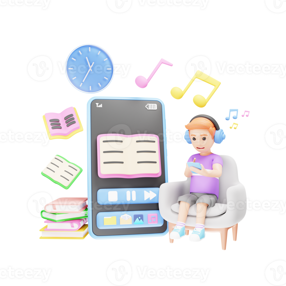 3D Cartoon Character - Young Boy Enjoying Learning from Digital Library png