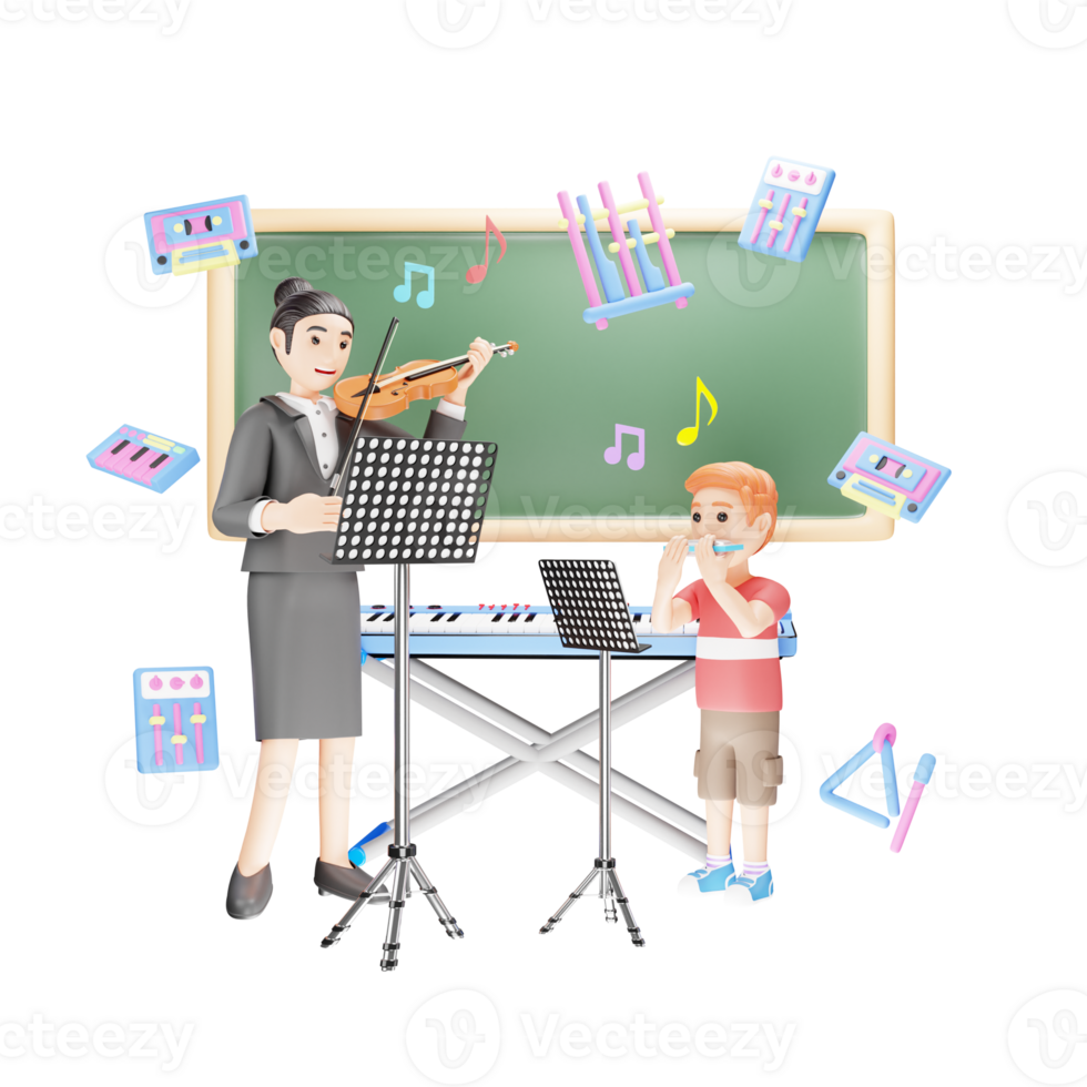 Musical Education - 3D Teacher Teaching Music to Students - Cartoon Illustration png