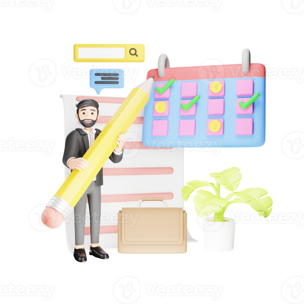 Efficient Businessman Managing Tasks for Project Deadline - 3D Cartoon Character in Office png